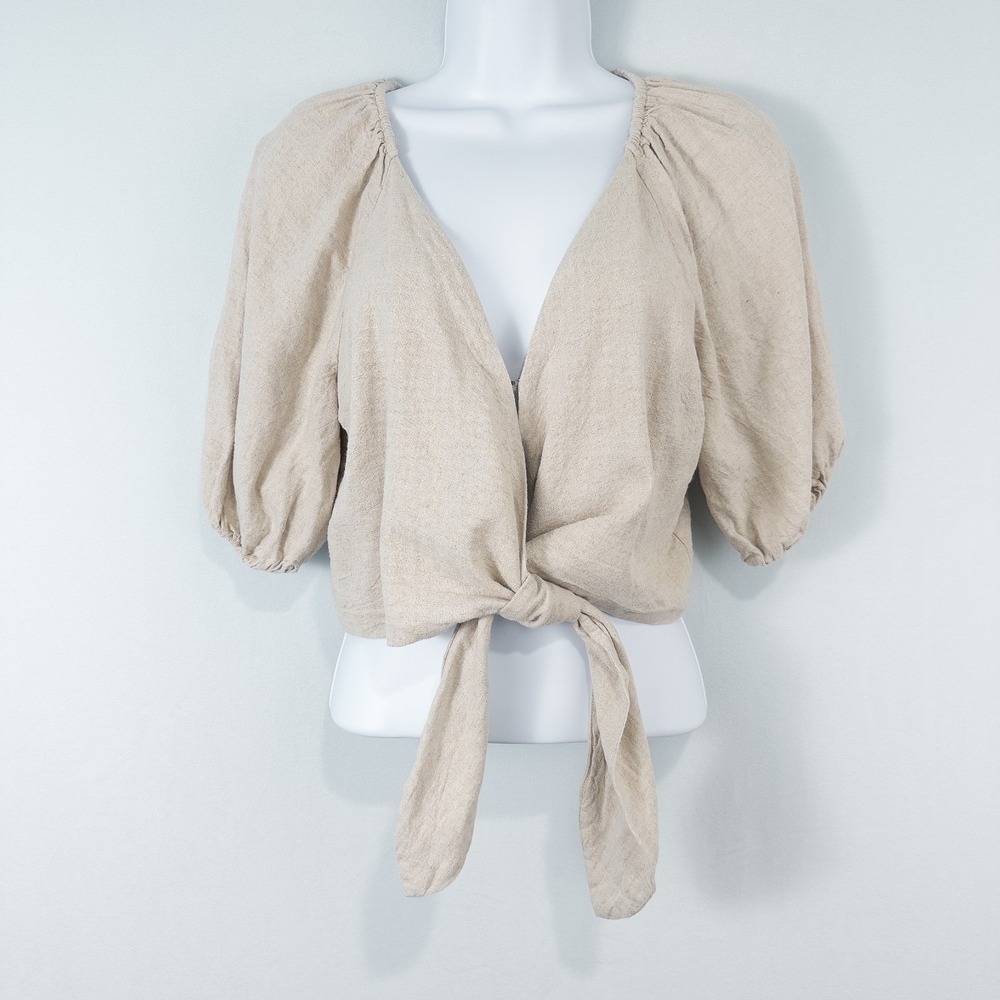 Abercrombie Fitch Linen Blend Tie Front Puff Sleeve Crop Top Womens Small Beige